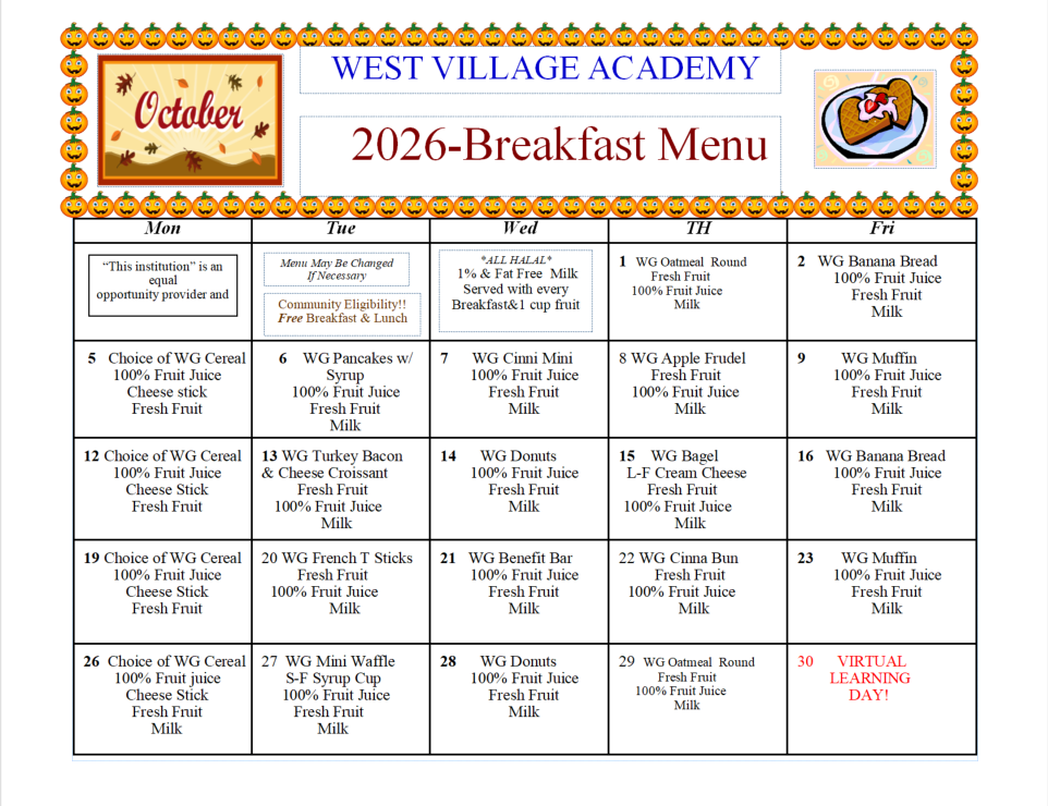 October WVA Breakfast Menu 2026