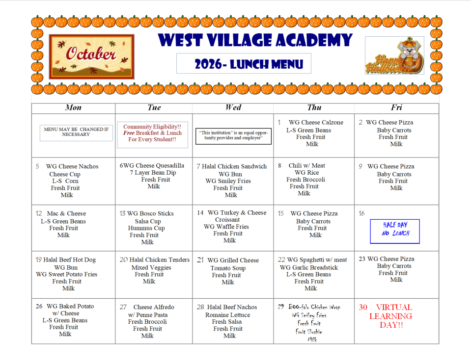 October WVA lunch Menu 2026